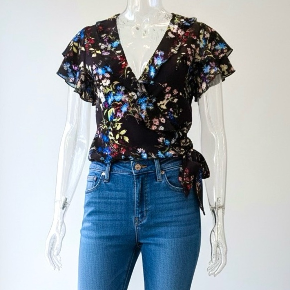 Parker V Neck Ruffled Sleeve Faux Wrap Top Side Tie